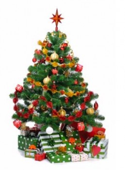 Christmas tree with decorations and gifts